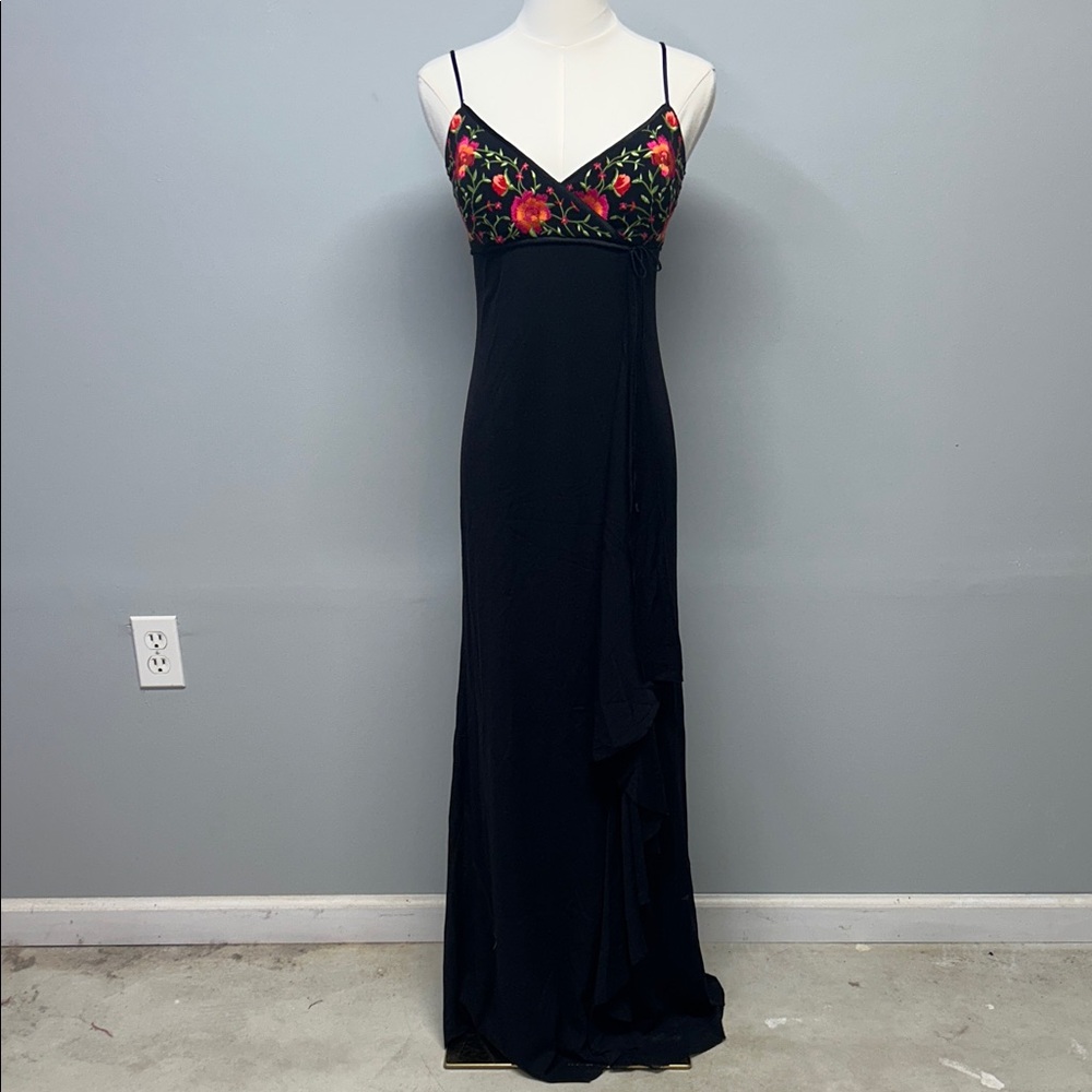 Vintage Black Formal Dress Gown Y2K 90s Fairy Boho Size 7/8 Floral Prom Ruffle - Picture 2 of 7